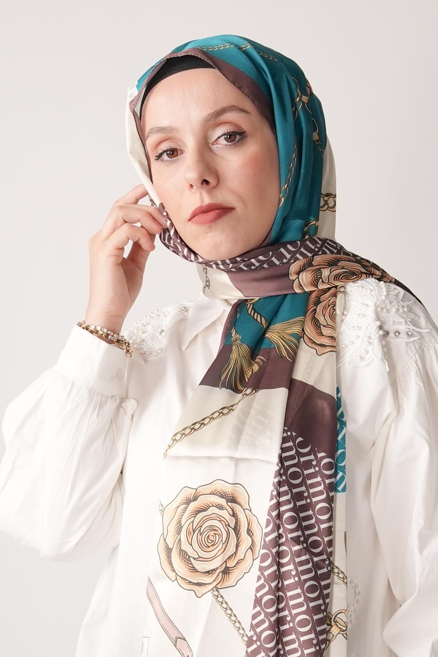 Mori Chain Desen Hint Vual Şal Kahverengi