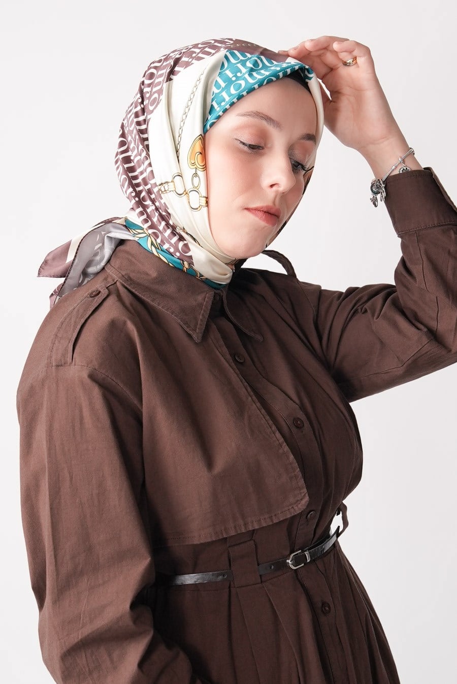 Mori Chain Desen İpeksi Rayon Eşarp Kahverengi