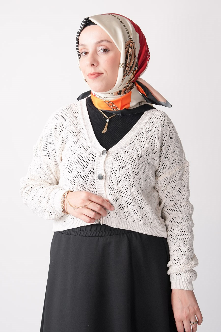 Mori Chain Desen İpeksi Rayon Eşarp Kırmızı