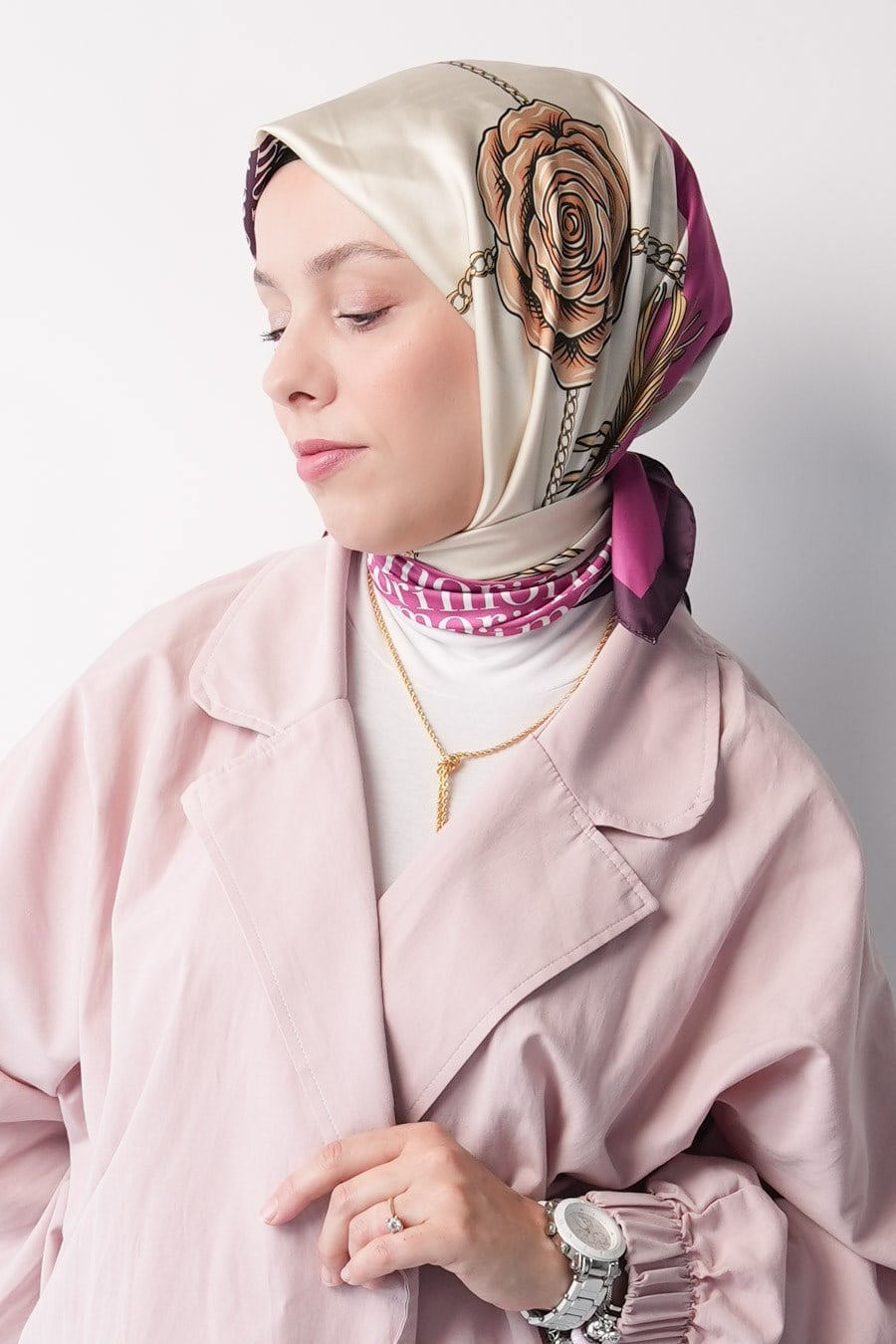 Mori Chain Desen İpeksi Rayon Eşarp Mor