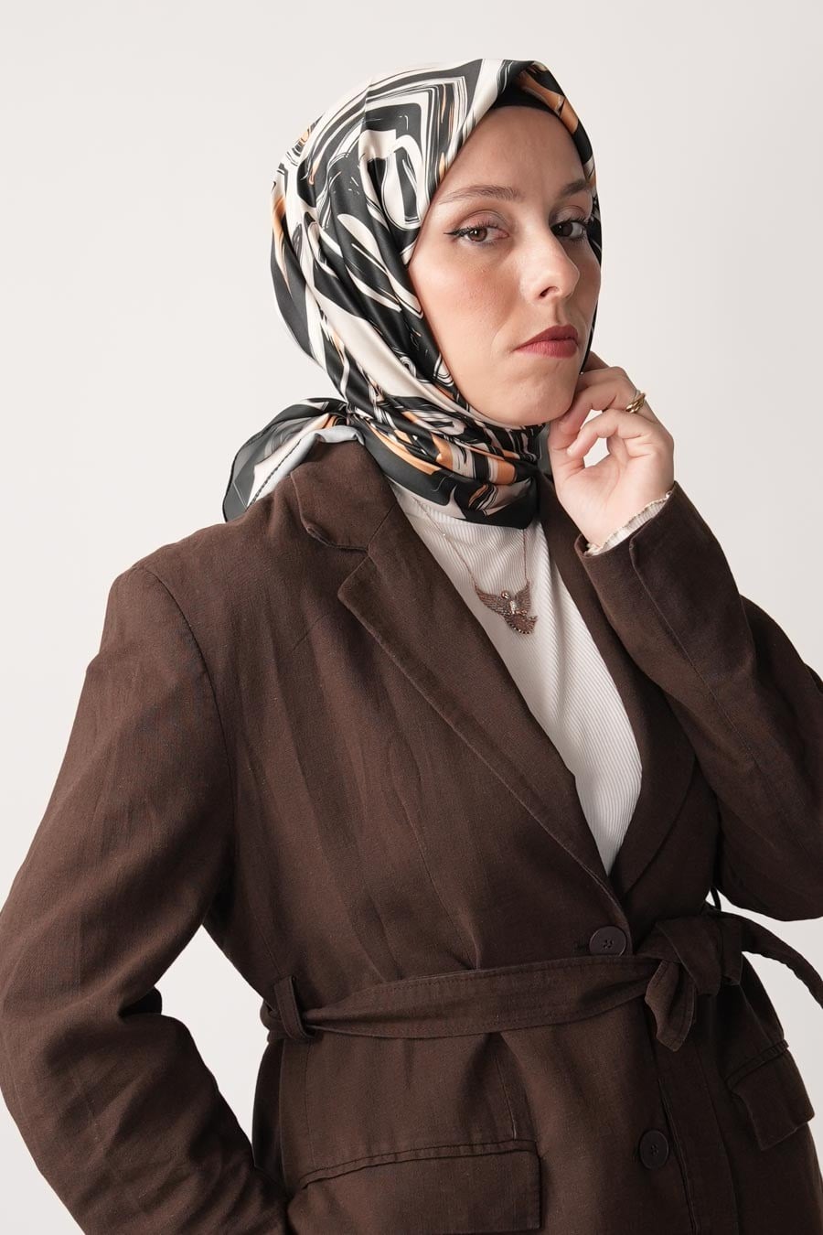 Nude Matrix Desen İpeksi Rayon Eşarp Krem