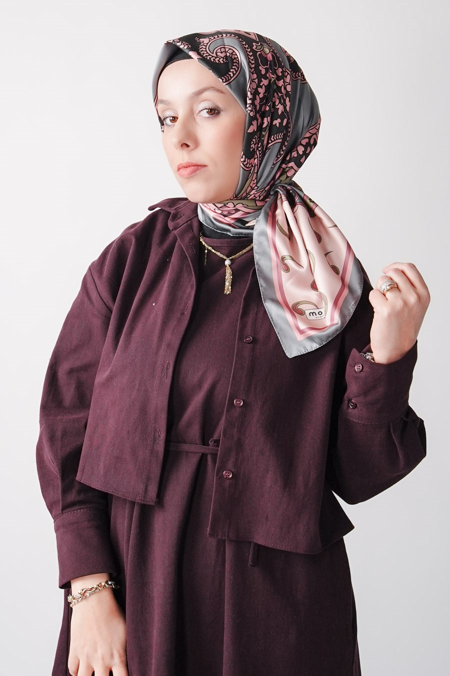 Ochre Desen İpeksi Rayon Eşarp Gri
