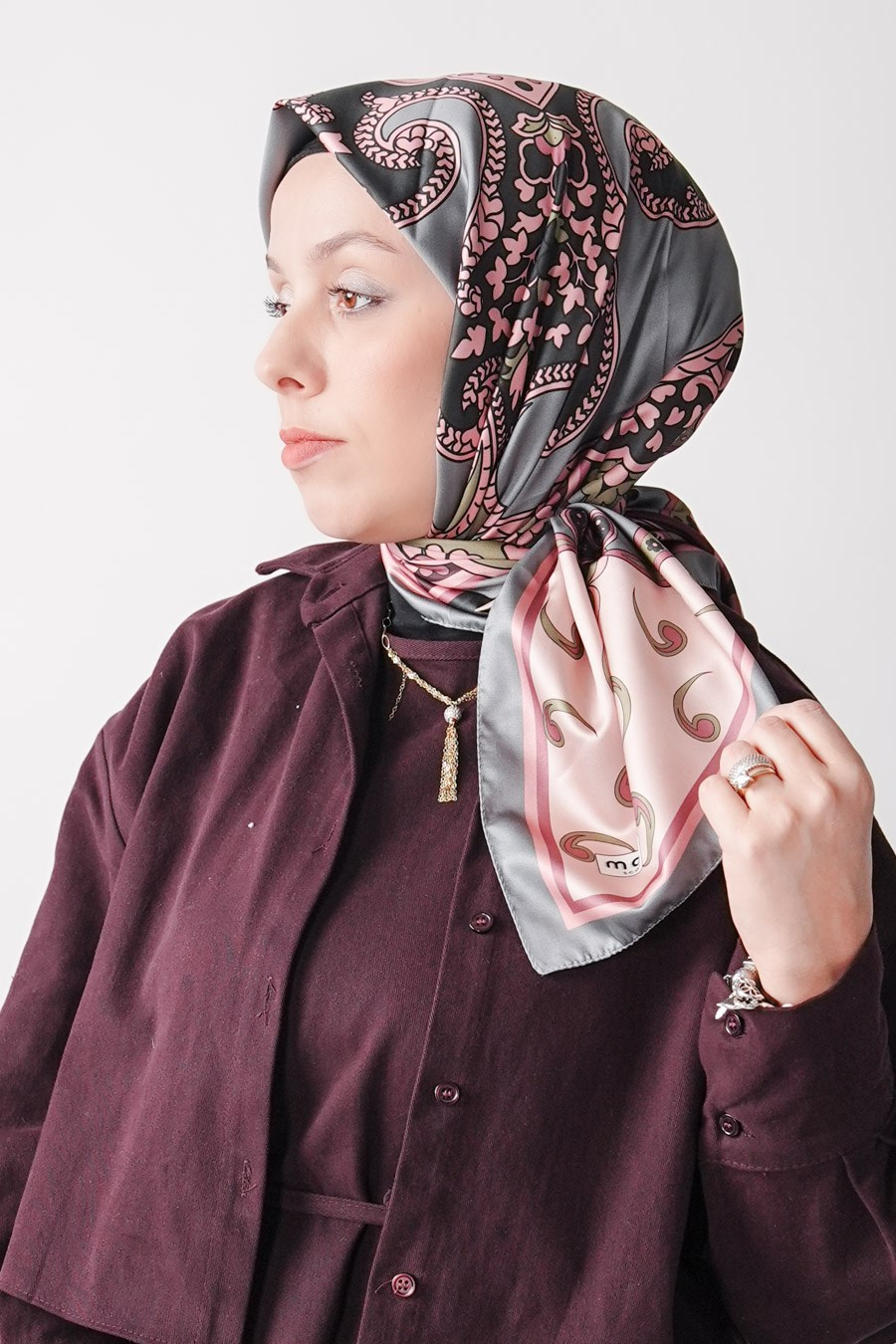 Ochre Desen İpeksi Rayon Eşarp Gri