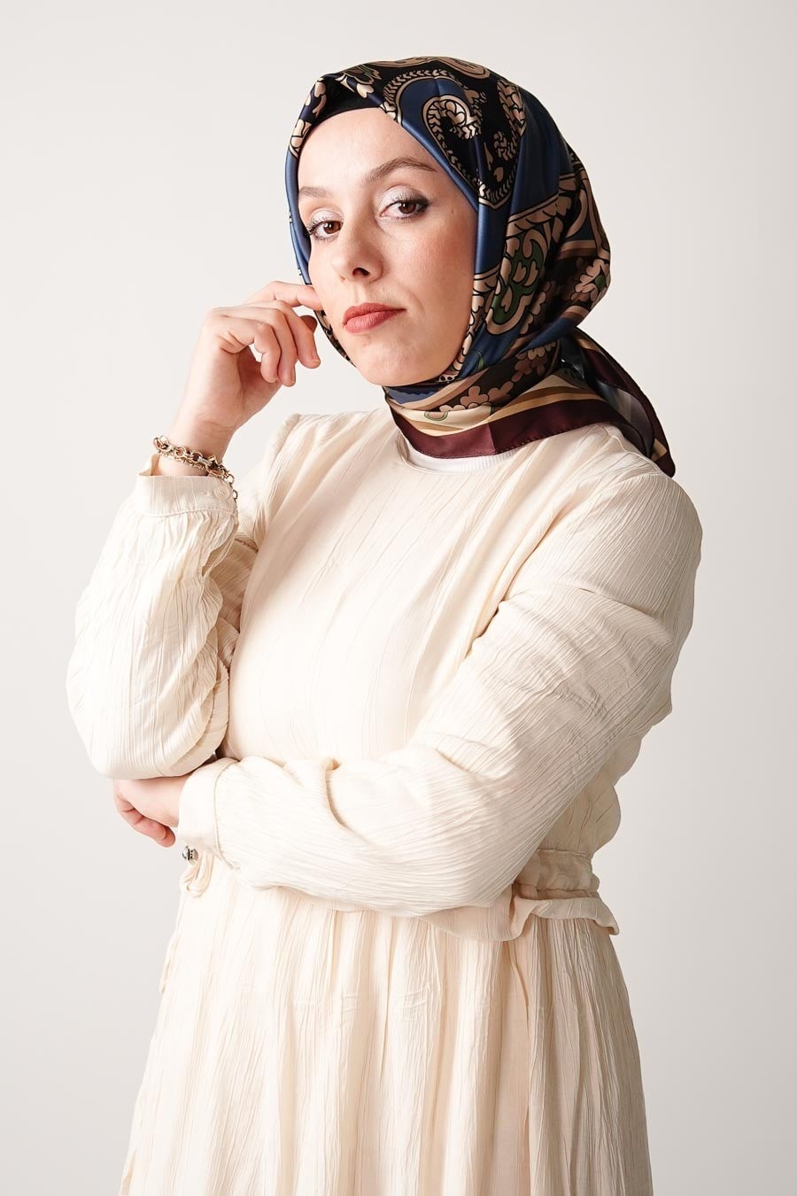 Ochre Desen İpeksi Rayon Eşarp Lacivert
