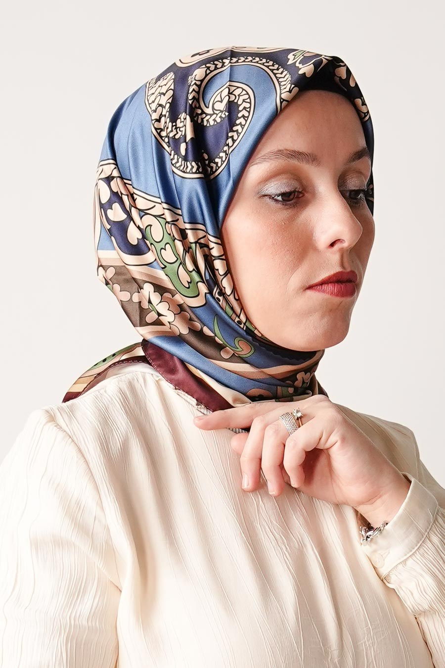 Ochre Desen İpeksi Rayon Eşarp Lacivert