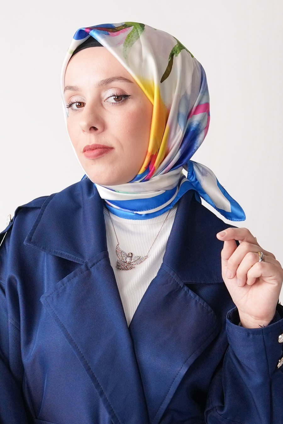 Pia Garden Desen İpeksi Rayon Eşarp Ocean Blue