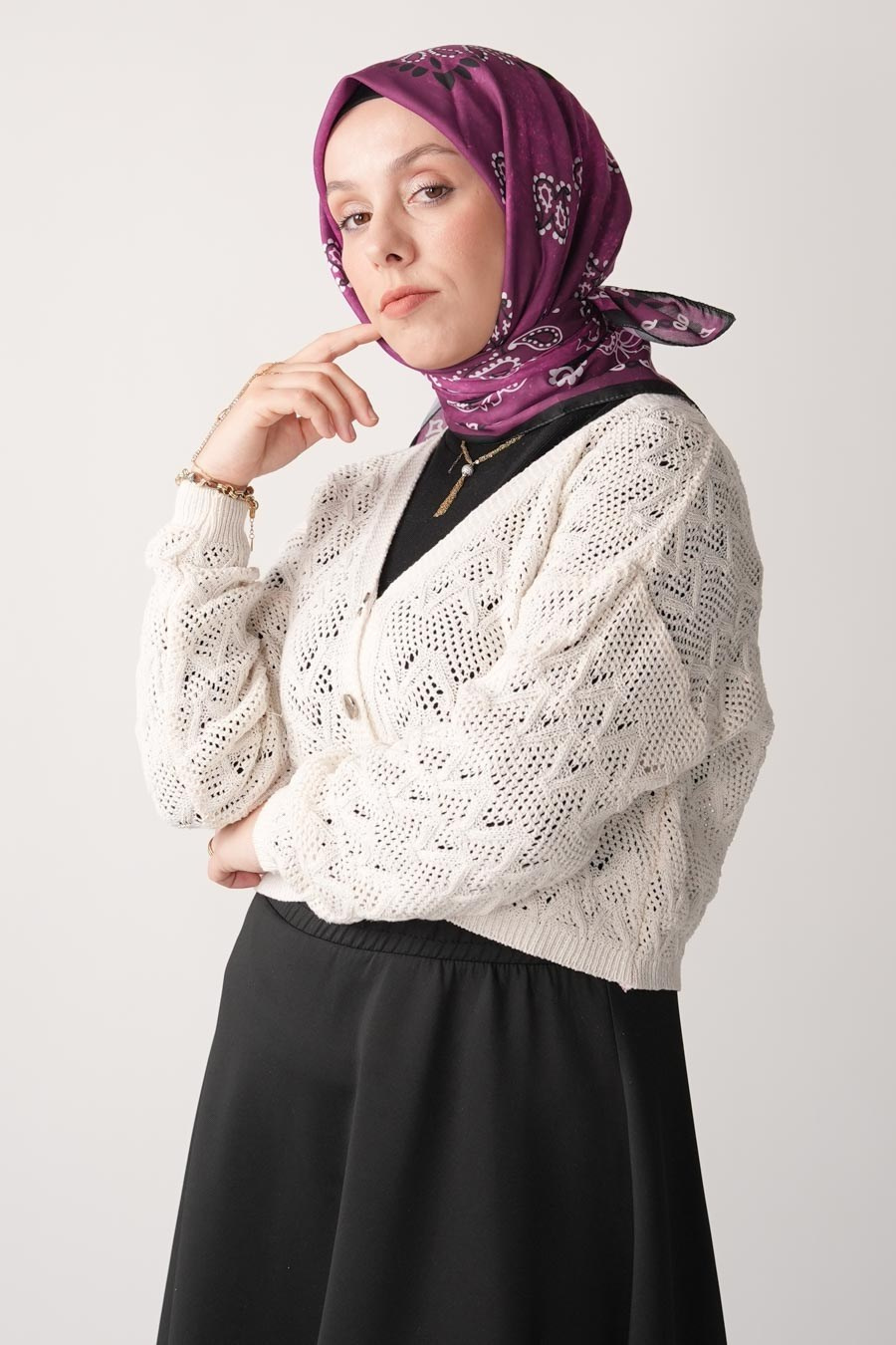 Vintage Ochre Desen Soft Eşarp Mor