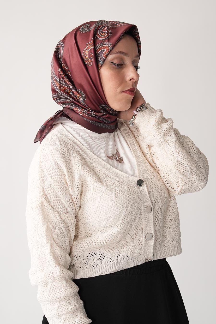 Vintage Pattern Desen İpeksi Rayon Eşarp Bordo
