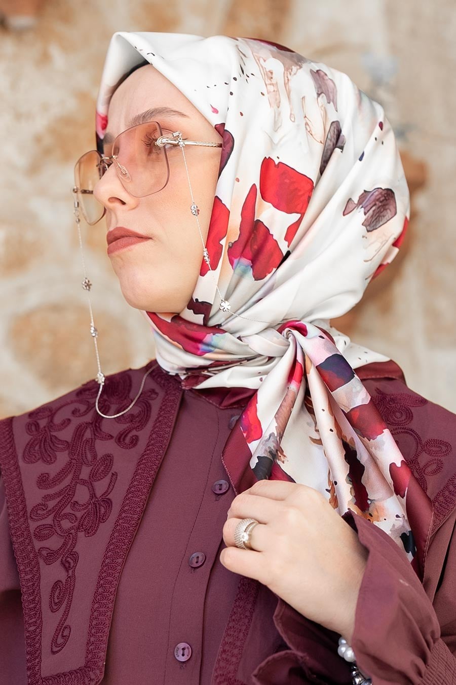 Ash Leopard Desen İpeksi Rayon Eşarp Bordo