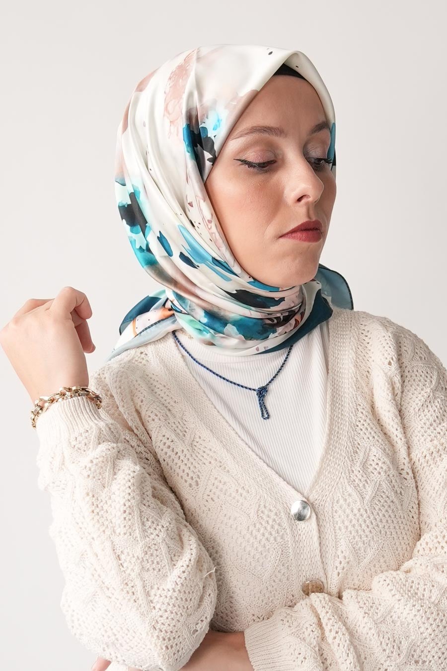 Ash Leopard Desen İpeksi Rayon Eşarp Turkuaz