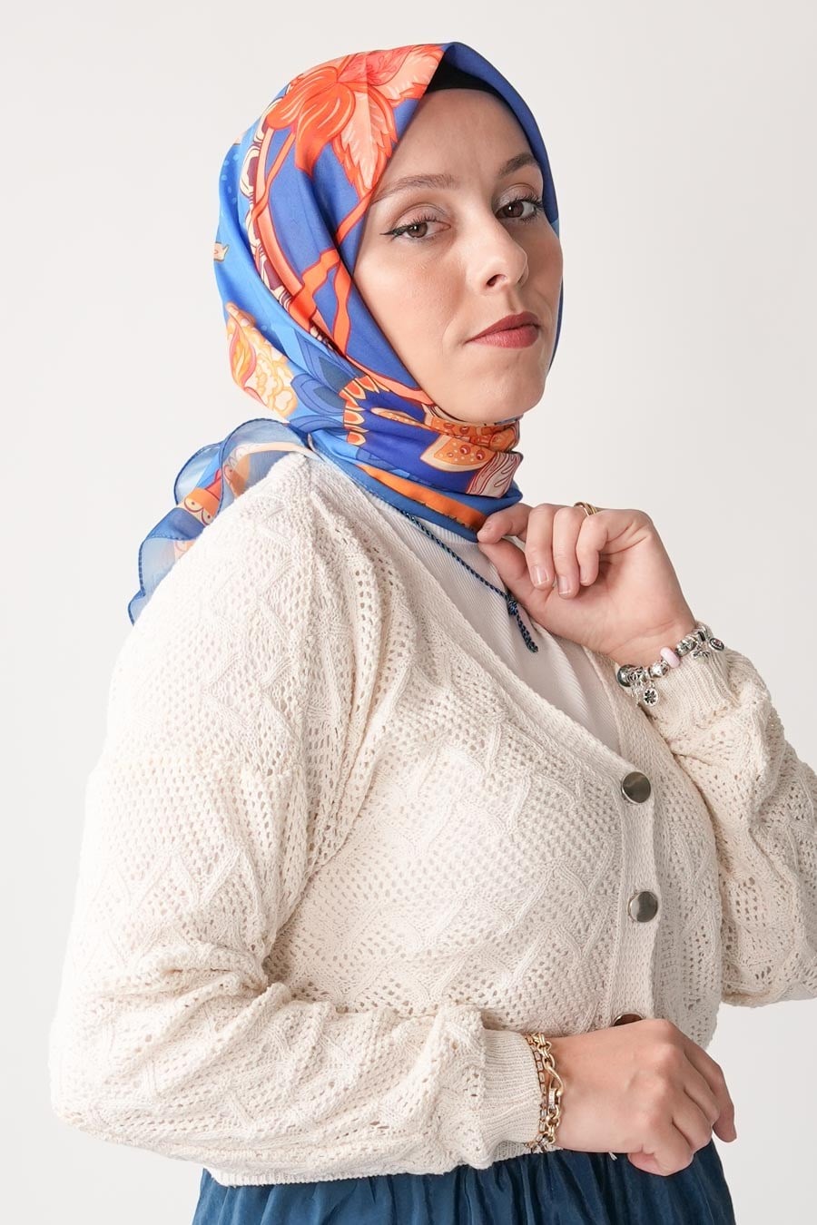 Breeze Bloom Desen Soft Eşarp Mavi