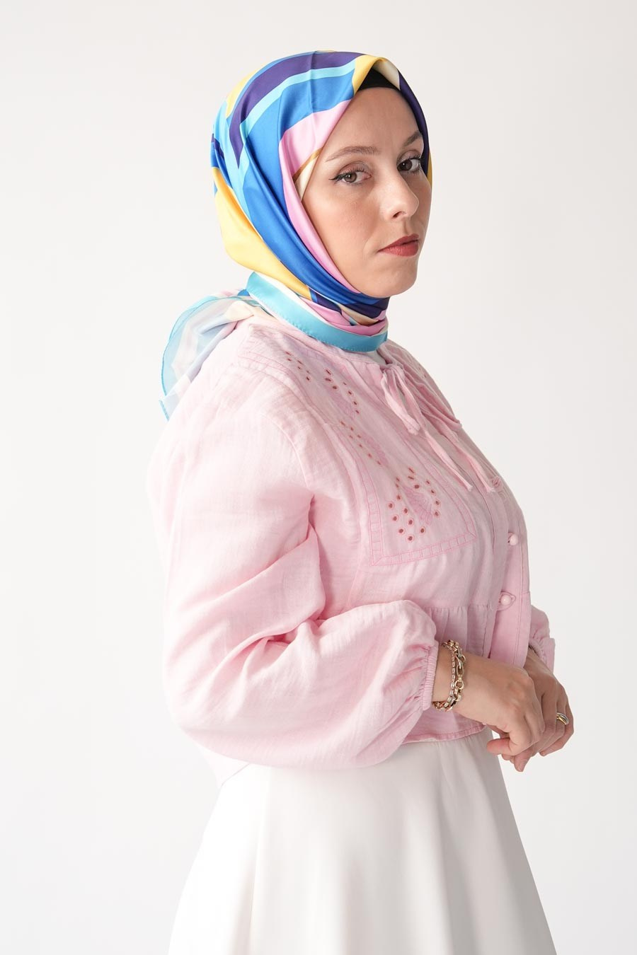 Cream Angle Desen İpeksi Rayon Eşarp Mavi