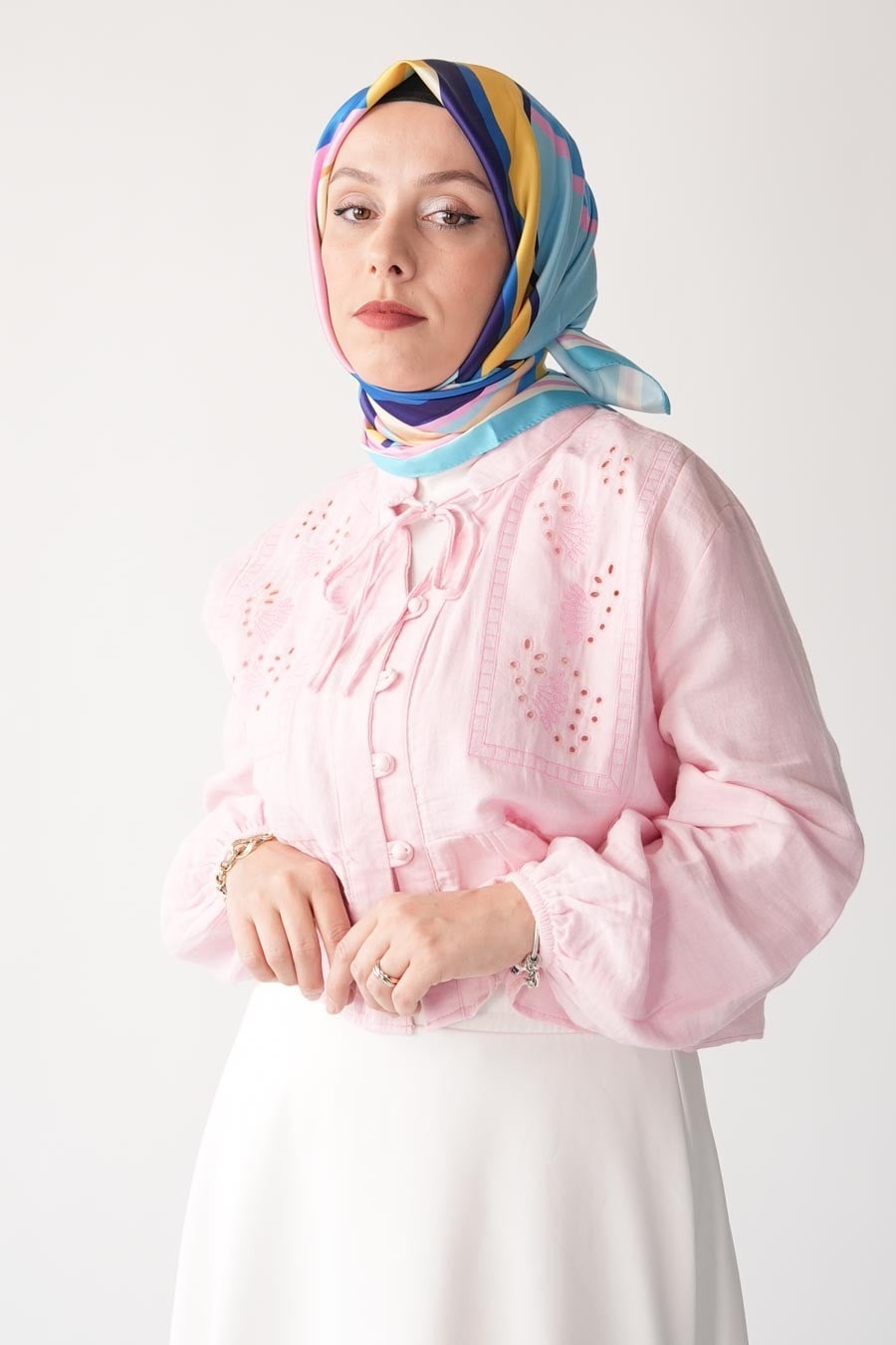 Cream Angle Desen İpeksi Rayon Eşarp Mavi