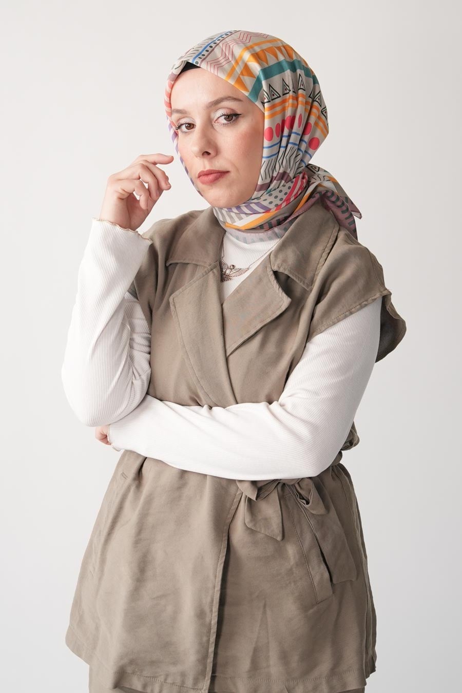 Lineer Desen Soft Eşarp Vizon
