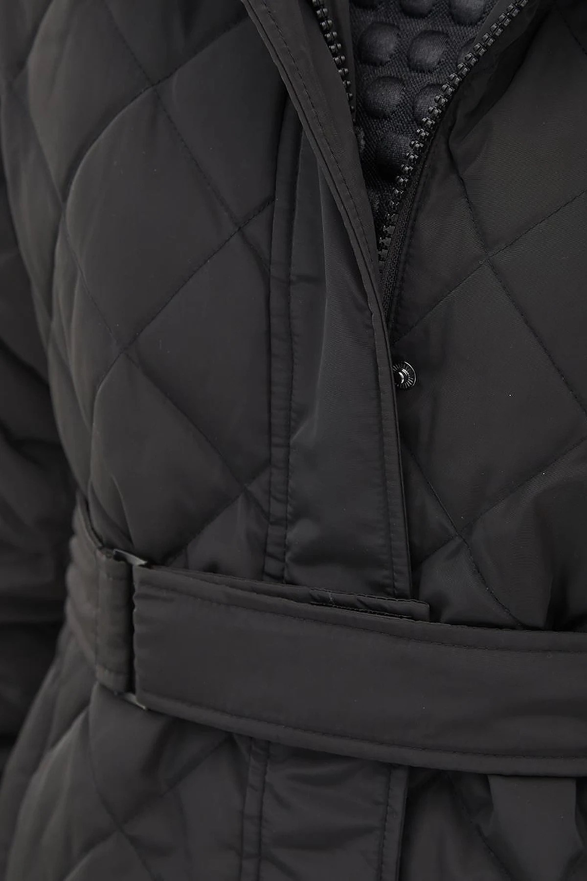 Baklava Desenli Suni Kürklü Kaz Tüyü Mont Siyah