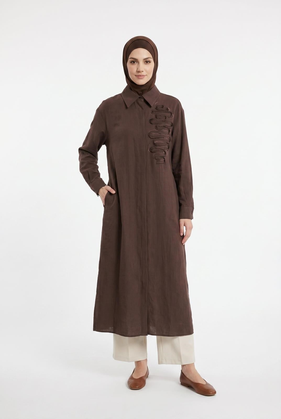 Basic Uzun Ön Desenli Yazlık Tunik Kahverengi