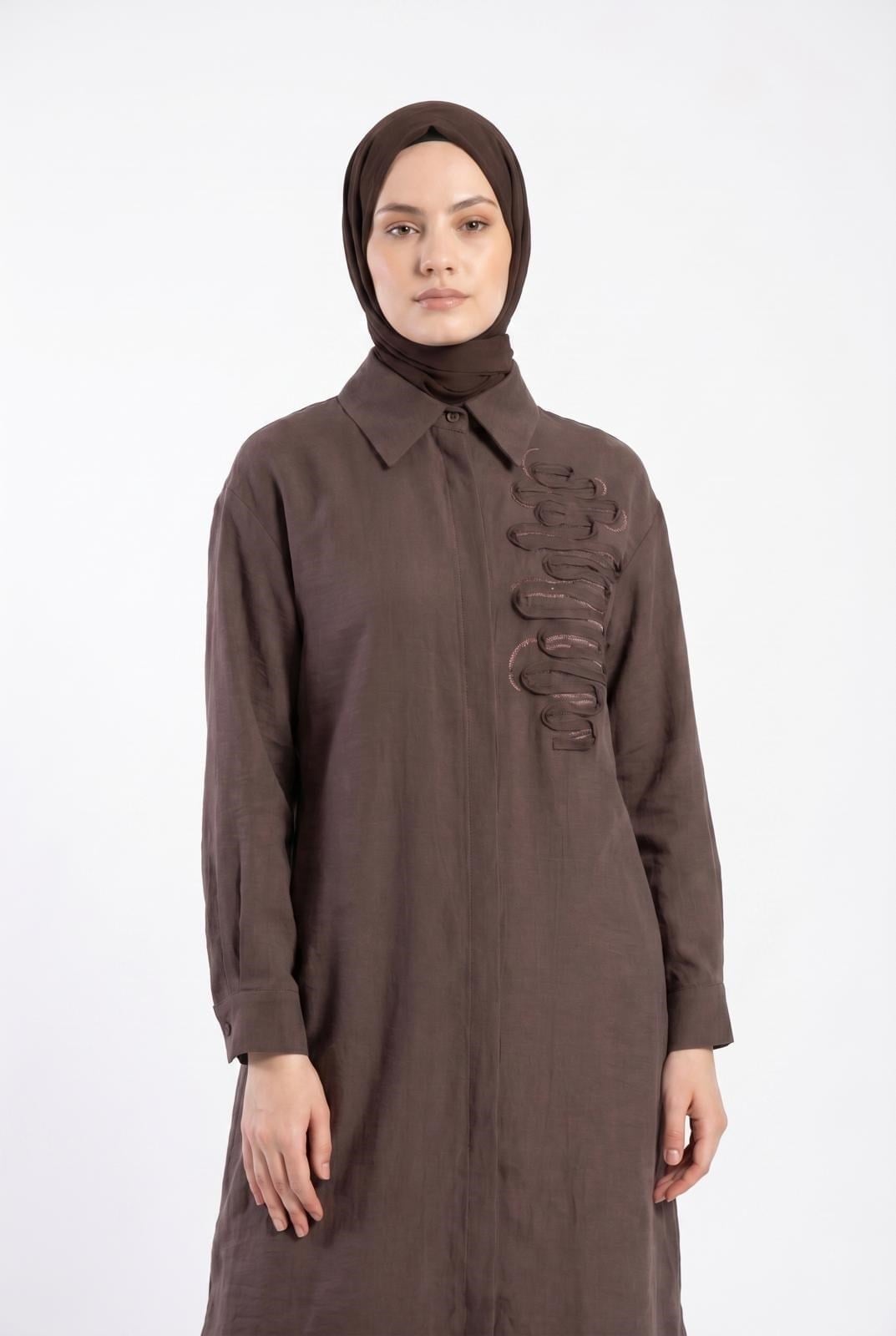 Basic Uzun Ön Desenli Yazlık Tunik Kahverengi