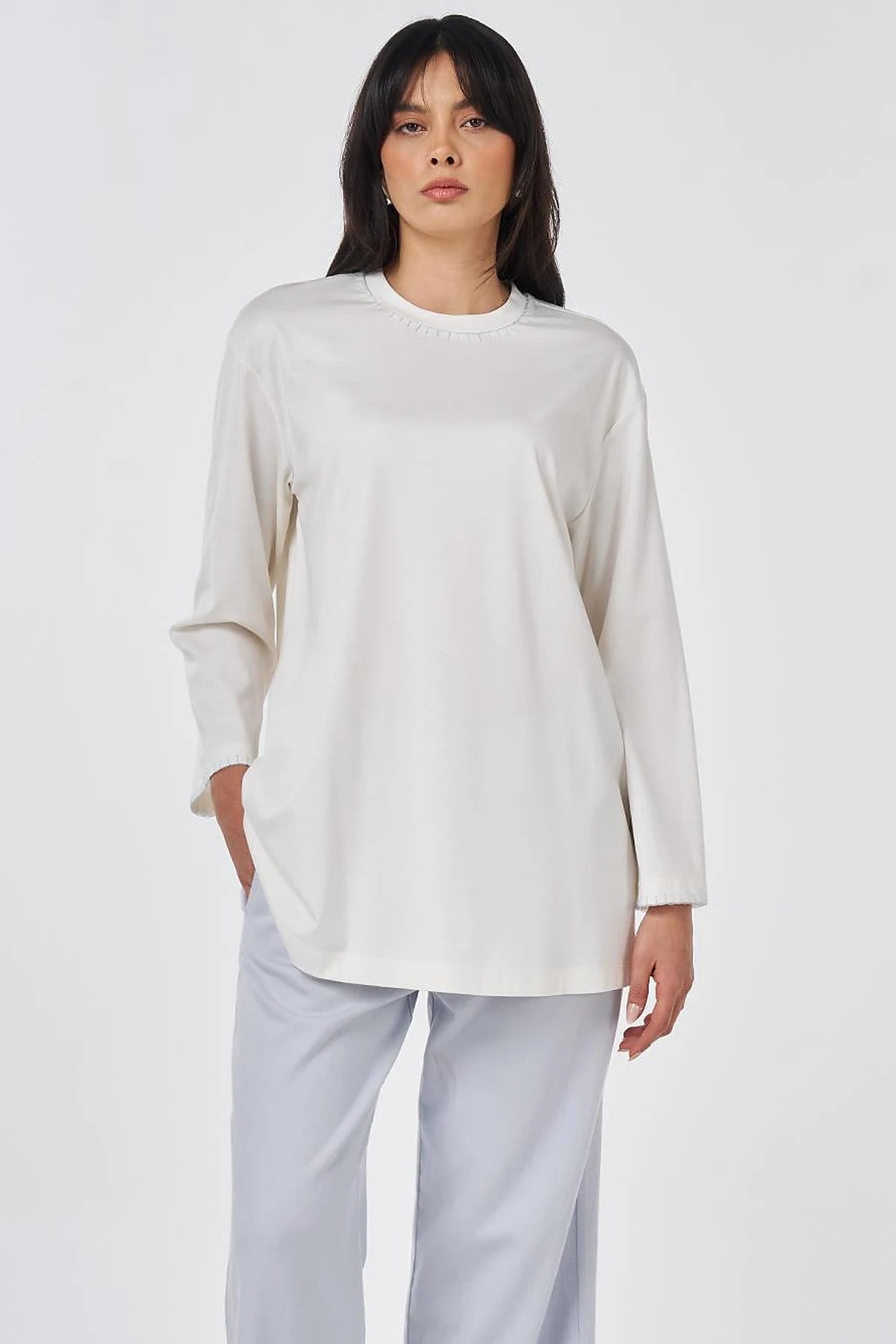 Punto Dikişli Penye Sweatshirt Optik Beyaz