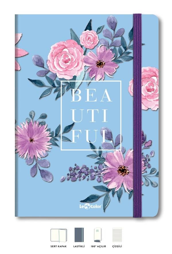 SERT KAPAKLI LASTİKLİ TASARIM DEFTERÇiçekli Defter Çizgili Mavi 17x24 cm