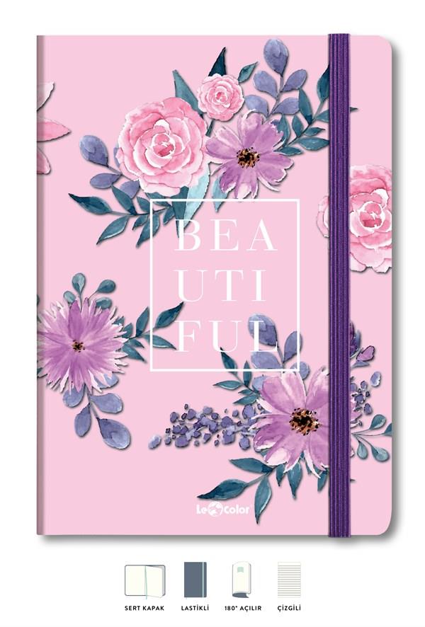 SERT KAPAKLI LASTİKLİ TASARIM DEFTERÇiçekli Defter Çizgili Pembe 17x24 cm