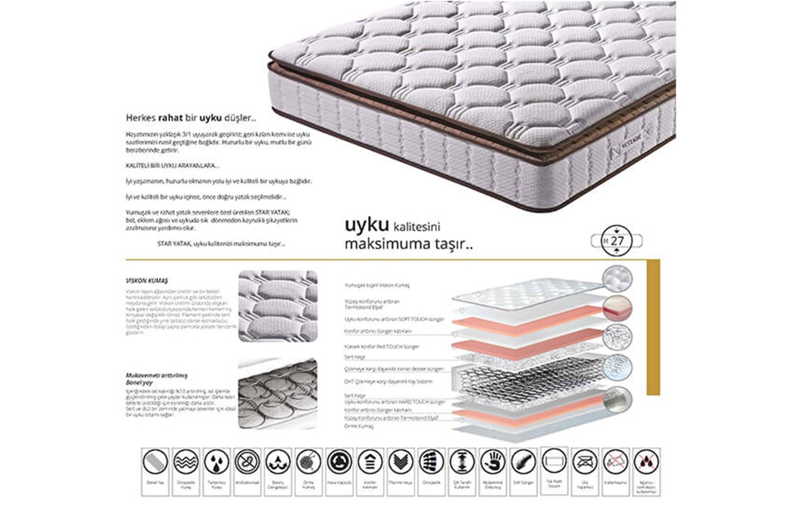 Calandre - Viskon Kumaş, Orta Üst Sert, Ortopedik Yatak 140X190 Cm
