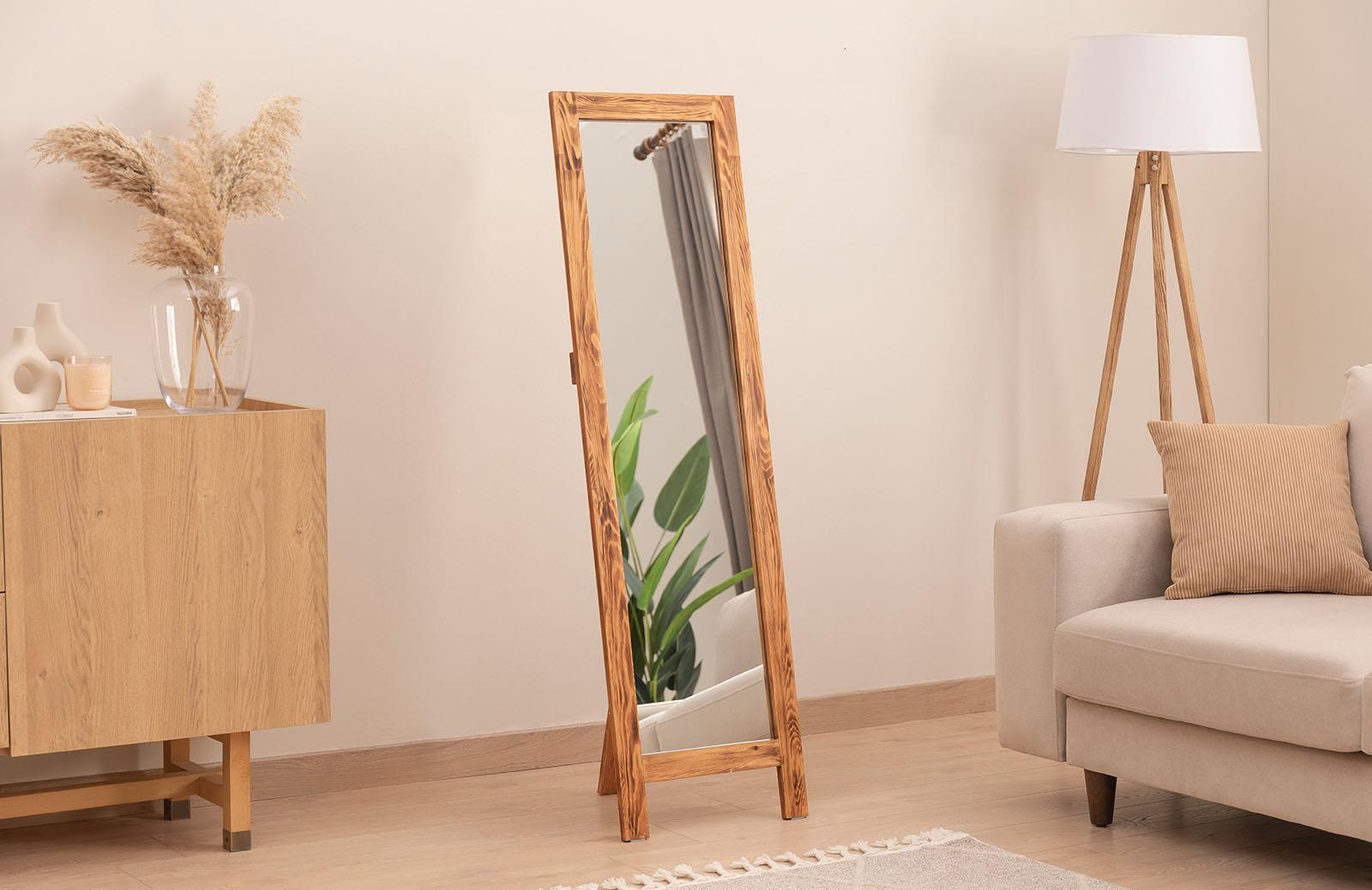 Doğal Ahşap Dekoratif Ayaklı Boy Aynası 150 x 50 cm ENGC-DF-143