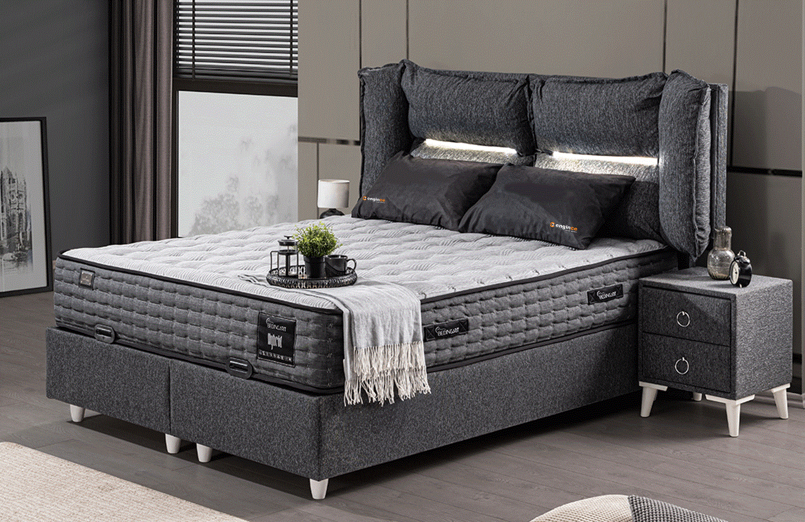 Engince Bazalı Karyola + Başlık + Yatak 200*200 ENGC-BD-1003