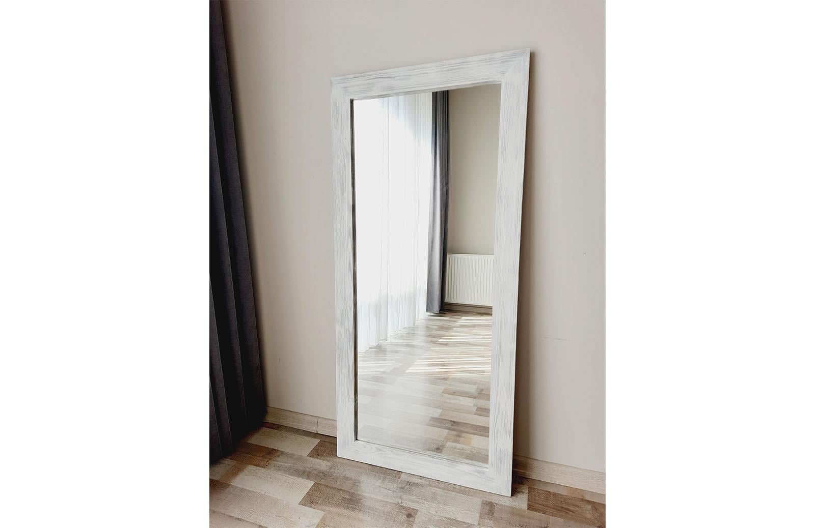 Masif Ahşap Dikdörtgen Beyaz Dekoratif Ayna 160x60 cm ENGC-DF-111