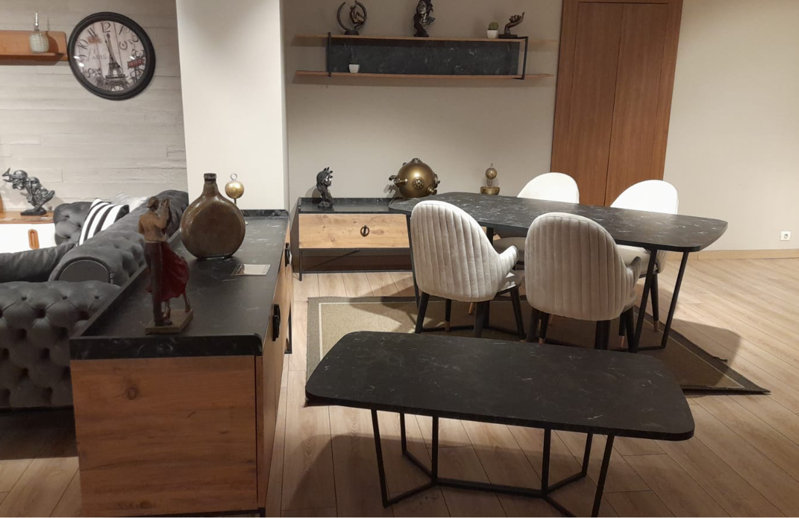 OUTLET - SLT - Ceviz-Siyah Mermer Konsol + Masa + Tv Ünitesi + Orta Sehpa + 4 sandalye