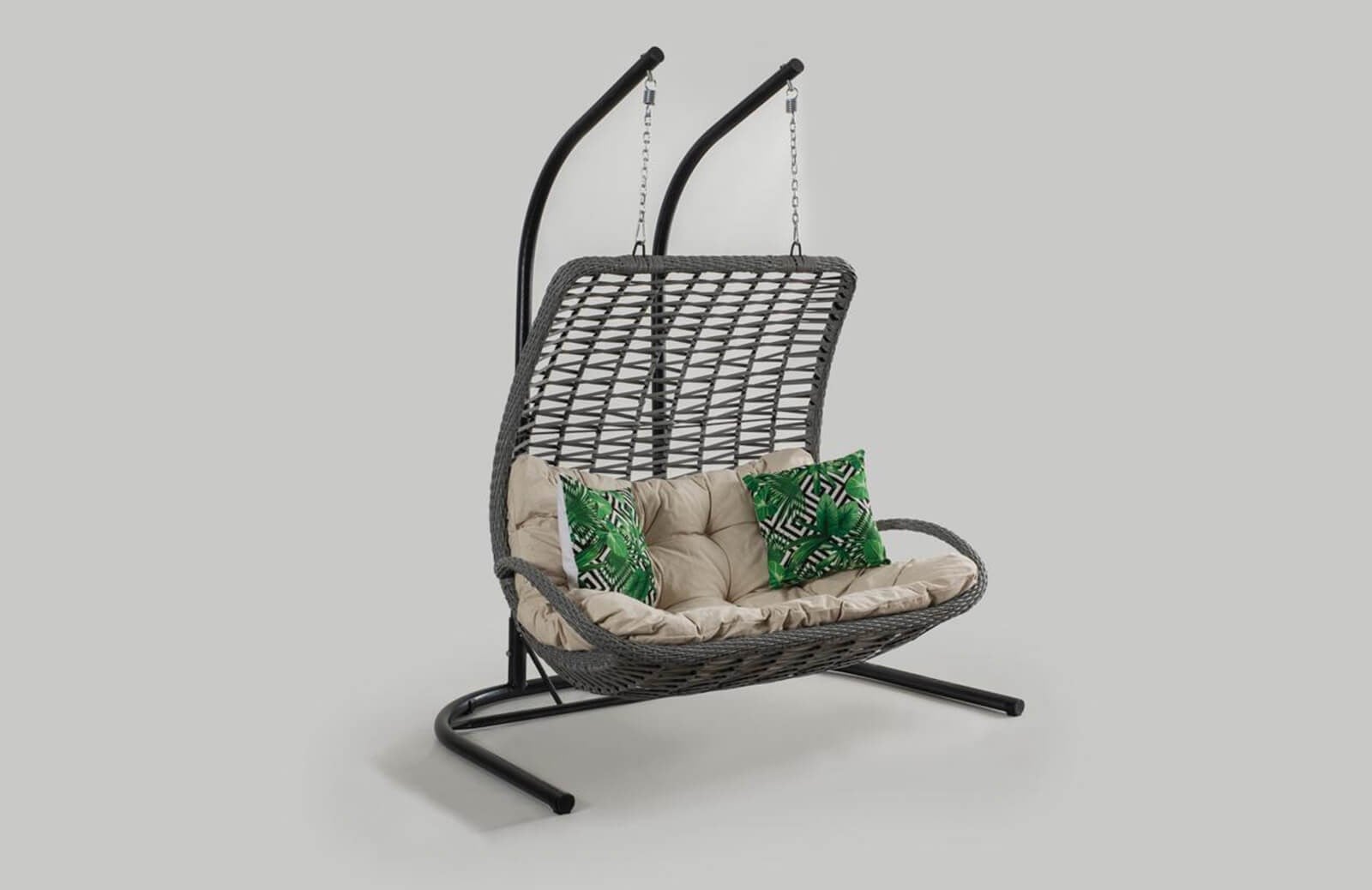 Rattan Bahçe - İki Kişilik Balkon Salıncağı Gri - Krem Minder CV-20