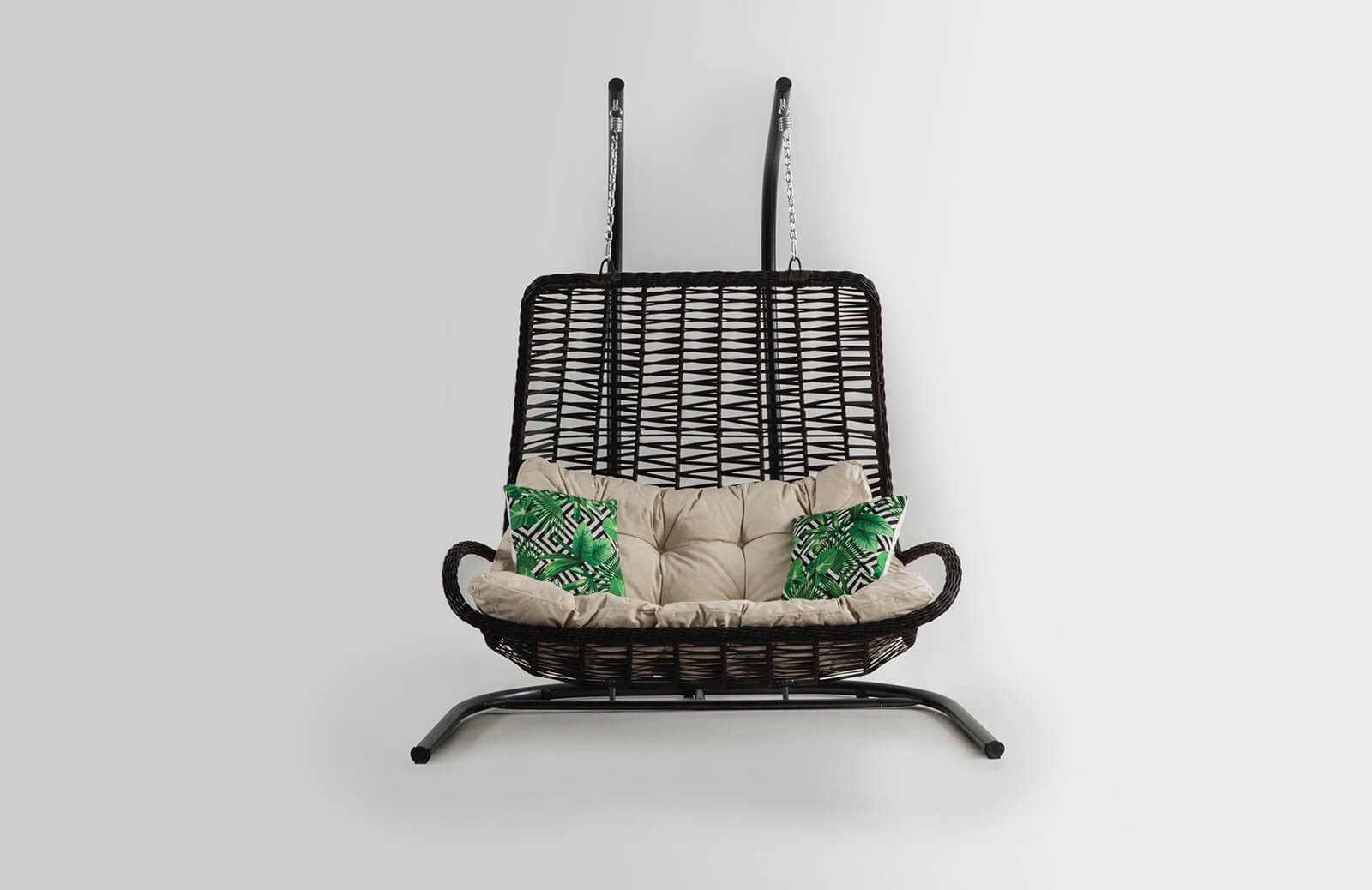 Rattan Bahçe - İki Kişilik Balkon Salıncağı Kahve - Krem Minder CV-24