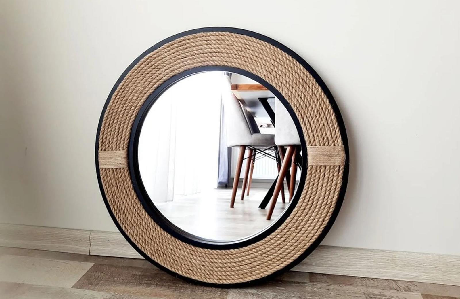 Siyah Çerçeveli Jut Halatlı Yuvarlak Dekoratif Ayna 77x77 cm ENGC-DF-75