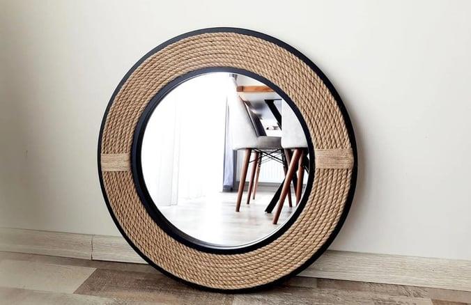 Siyah Çerçeveli Jut Halatlı Yuvarlak Dekoratif Ayna 97x97 cm ENGC-DF-77