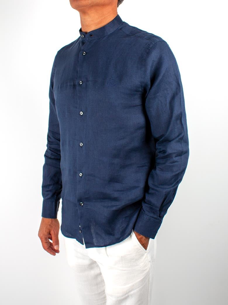 Hakim Yaka Regular Fit Lacivert Keten Gömlek