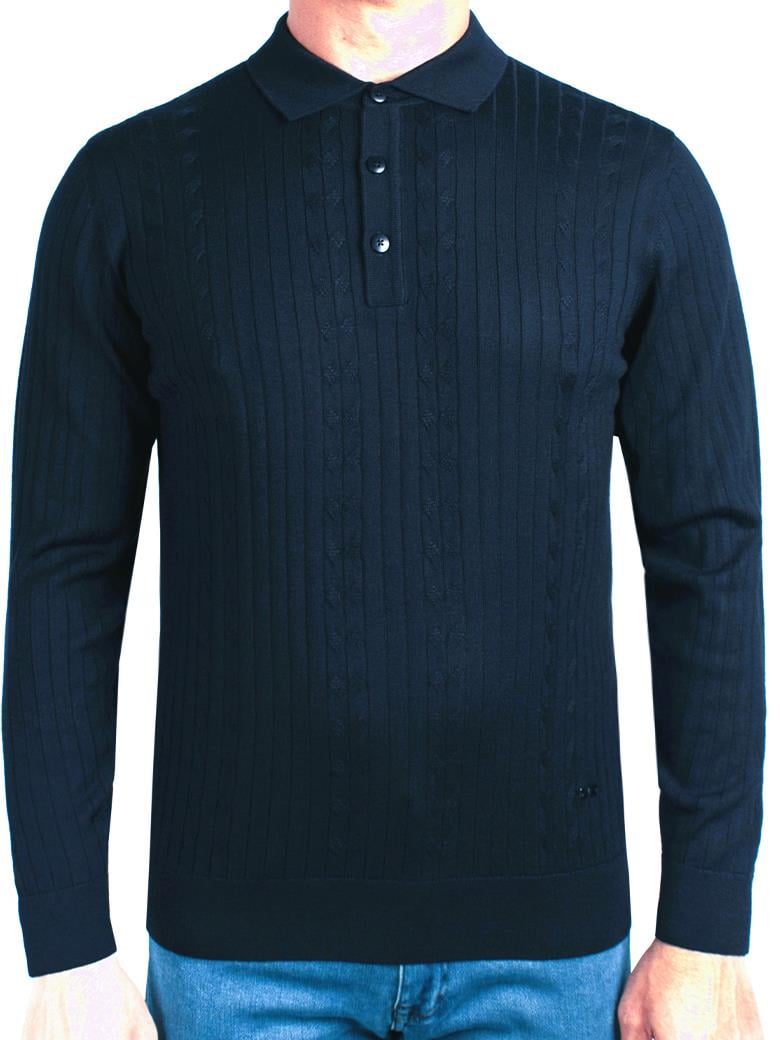 Polo Yaka Desenli Lacivert Yün Kazak