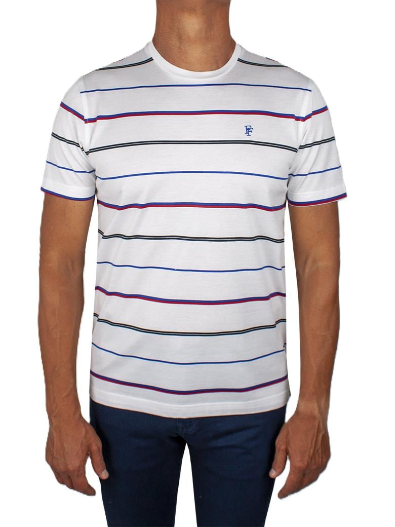 Regular Fit Çizgi Desenli Merserize %100 Pamuk Beyaz Bisiklet Yaka Tişört
