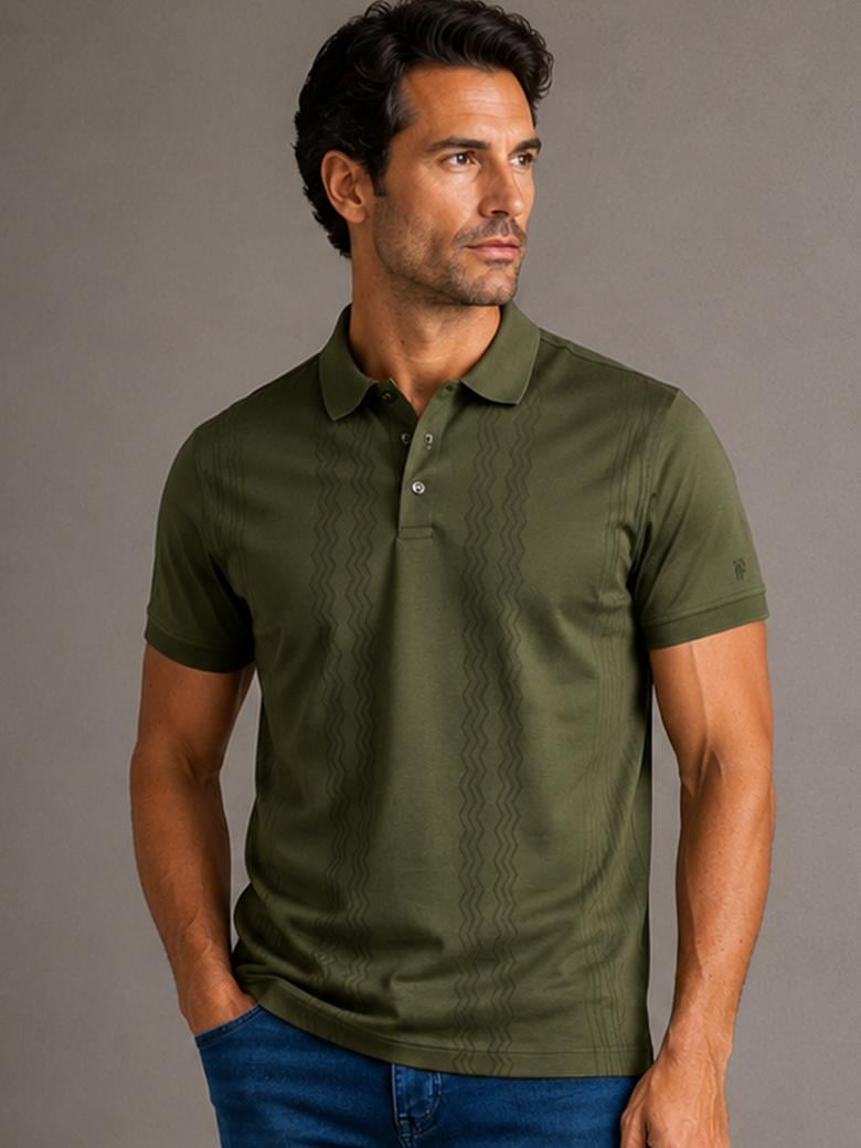 Regular Fit Desenli Merserize %100 Pamuk Haki Polo Tişört