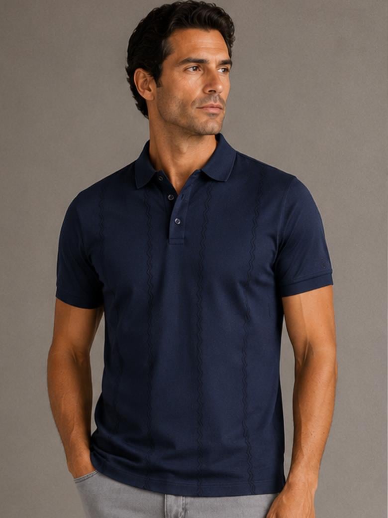 Regular Fit Desenli Merserize %100 Pamuk Koyu Lacivert Polo Tişört