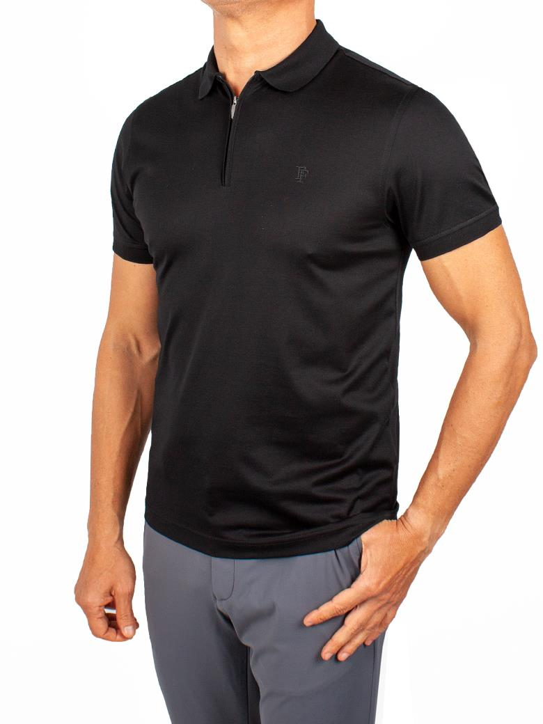 Regular Fit Fermuarlı Merserize %100 Pamuk Siyah Polo Tişört