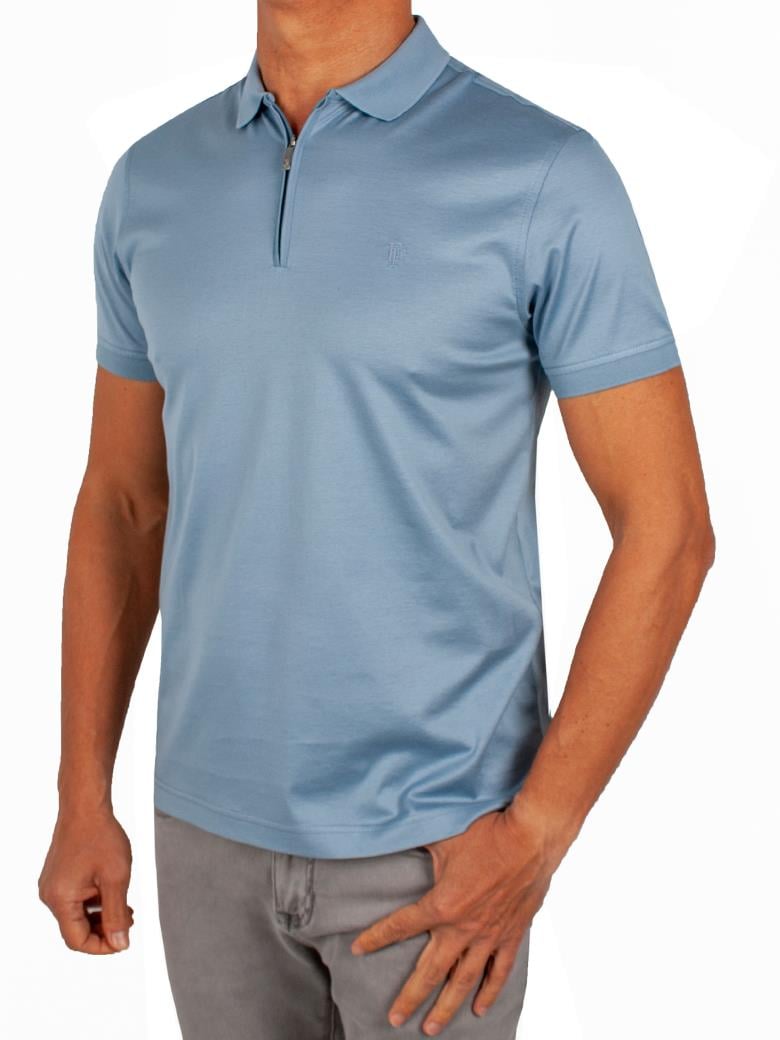 Regular Fit Fermuarlı Merserize %100 Pamuk Mavi Polo Tişört