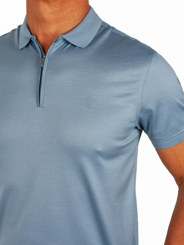 Regular Fit Fermuarlı Merserize %100 Pamuk Mavi Polo Tişört