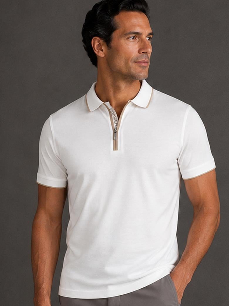 Regular Fit, Collar Detail, Zippered, Mercerized 100% Cotton, Ecru Polo T-Shirt