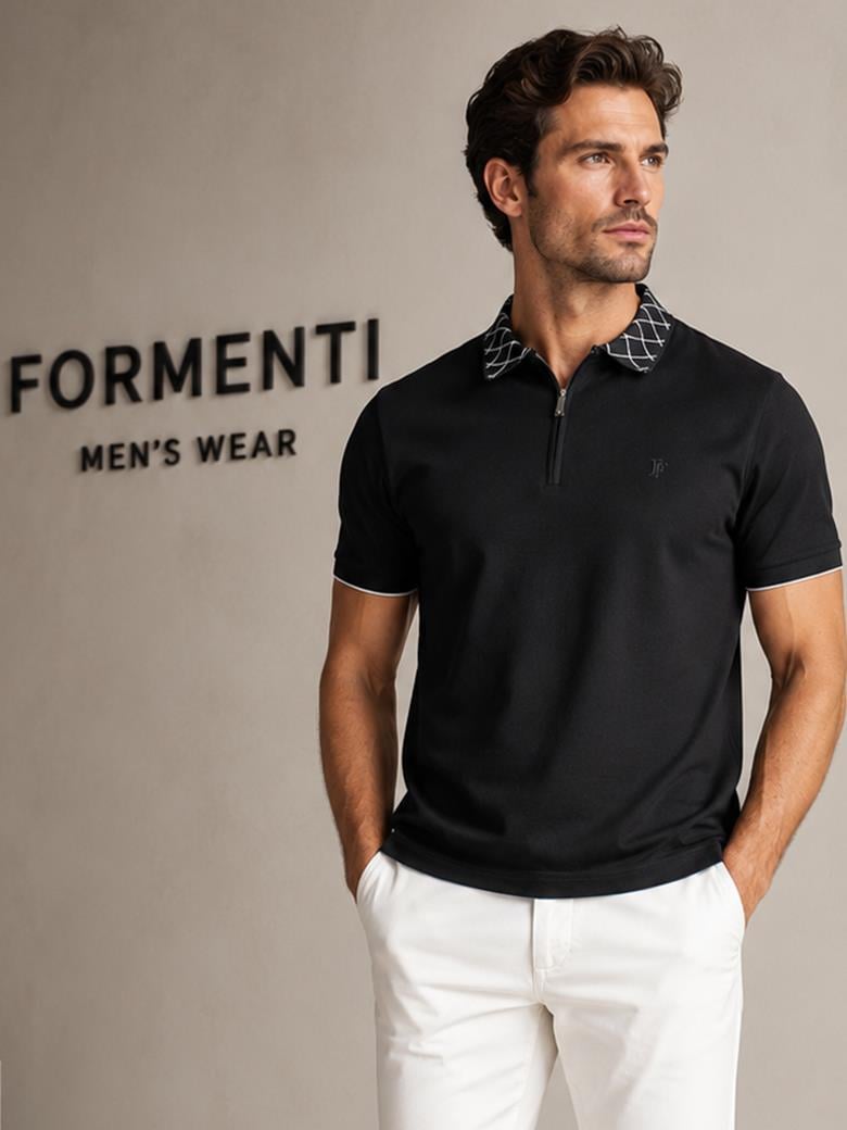 Regular Fit Yaka Detaylı Fermuarlı Merserize %100 Pamuk Siyah Polo Tişört