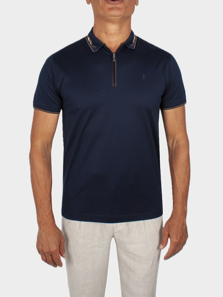 Regular Fit Yaka Detaylı Fermuarlı Merserize %100 Pamuk Koyu Lacivert Polo Tişört
