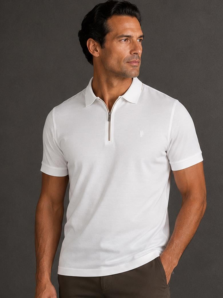 Regular Fit, Collar Detail, Zippered, Mercerized 100% Cotton, Ecru Polo T-Shirt
