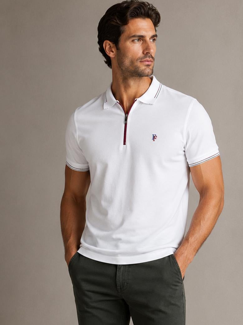 Regular Fit Yaka Detaylı Fermuarlı Merserize %100 Pamuk Beyaz Polo Tişört