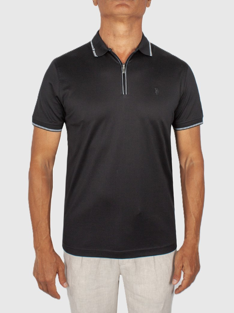 Regular Fit Yaka Detaylı Fermuarlı Siyah Polo Tişört