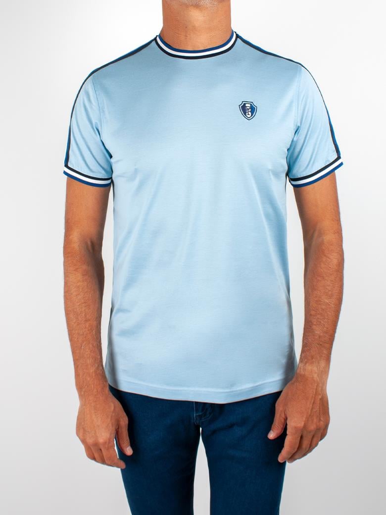 Regular Fit Yaka Detaylı Merserize %100 Pamuk Mavi Bisiklet Yaka Tişört