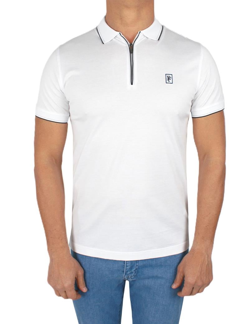 Regular Fit Yaka Detaylı Merserize %100 Pamuk Fermuarlı Beyaz Polo Tişört