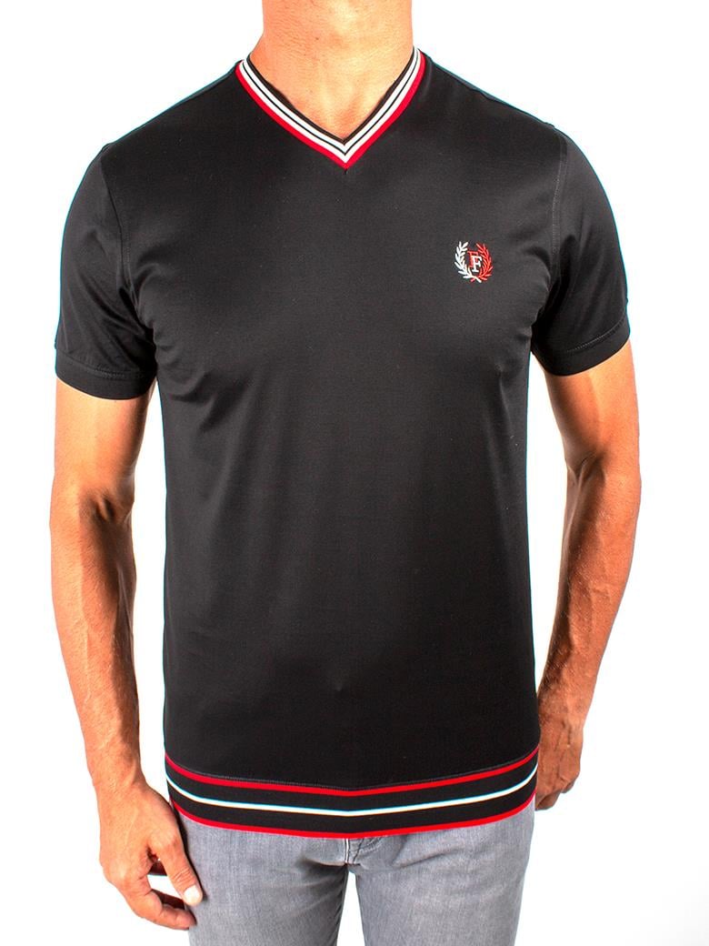 Regular Fit Yaka Detaylı Merserize %100 Pamuk Siyah V Yaka Tişört